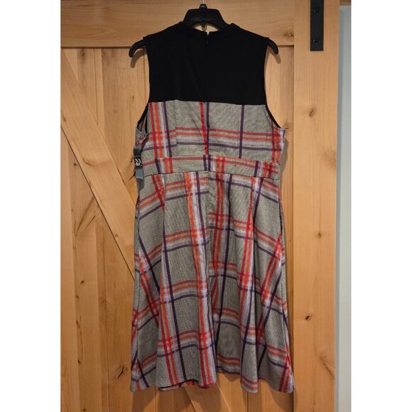 New! Mock Neck Purple Red Gray Plaid NY&Co. Dress Sz XL Pockets Academia Midi - Picture 2 of 16